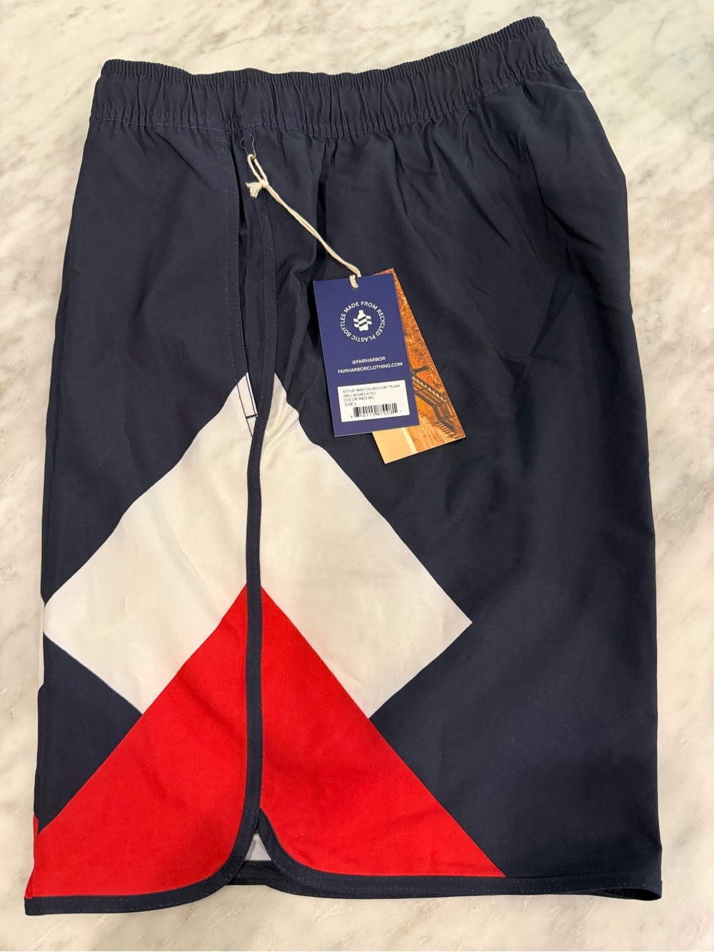 Fair Harbor Anchor Swim Trunks Navy, White & Red Geometric